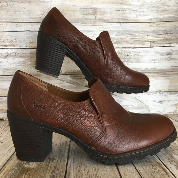 Born Shoes - Born Brown Leather Chunky Heel Slip On Booties.